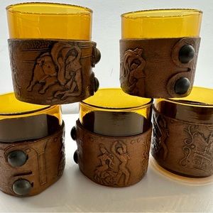 Vintage Amber/Leather Cordial Glasses Embossed with Matador and Flamenco Dancers